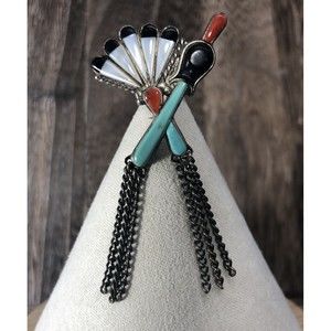 Rare Vintage Zuni Sterling Inlay Native American Church Tie Tack-Fan and Rattle